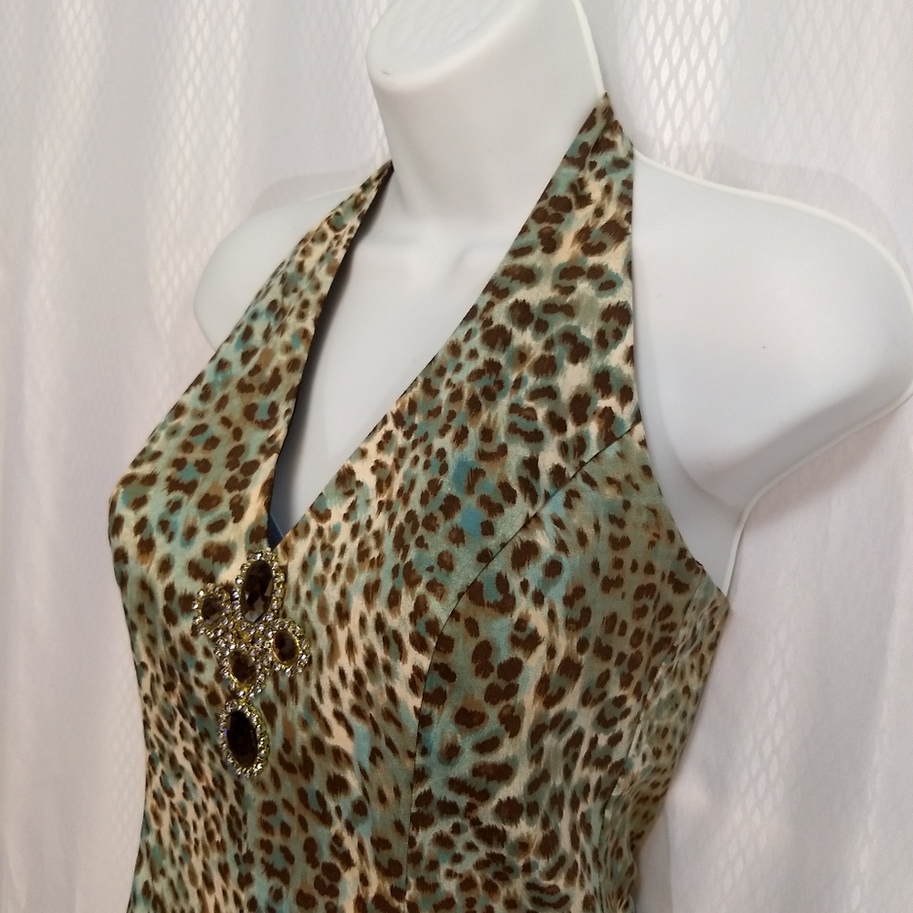 Curtsey Summer Halter-Neck Party Dress, Aqua/Brown/Cream Animal Print, Size 8 - Picture 3 of 15